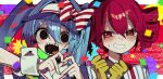  2girls black_eyes blue_hair blue_hat bow clenched_hands commentary confetti crazy drill_hair empty_eyes gloves hair_bow hands_up hat hatsune_miku heart heart_hands hidaka_yuuno kasane_teto long_hair looking_at_viewer mesmerizer_(vocaloid) multiple_girls open_mouth pink_eyes pink_hair scared sharp_teeth shirt smile static striped_bow striped_clothes striped_shirt sweat teeth tongue tongue_out twin_drills twintails upper_body utau very_long_hair visor_cap vocaloid wrist_cuffs yellow_gloves 