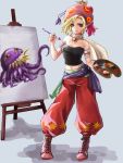  1girl art_brush bare_shoulders blonde_hair blue_eyes breasts cleavage closed_mouth commentary_request earrings final_fantasy final_fantasy_vi hat haya_(ahalf) highres jewelry looking_at_viewer navel orthros paintbrush relm_arrowny short_hair smile 
