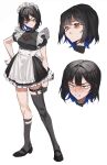  1girl 2l_(2lsize) angry asymmetrical_legwear black_dress black_footwear black_gloves black_hair black_socks black_thighhighs blue_hair blush clenched_hand clenched_teeth colored_inner_hair dress gloves hair_intakes hand_on_own_hip highres karen_(2l) maid maid_headdress mismatched_legwear multicolored_hair orange_eyes original parted_lips puffy_short_sleeves puffy_sleeves scowl shoes short_dress short_sleeves simple_background socks solo teeth thighhighs tsurime white_background wrist_cuffs 