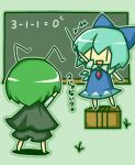  2girls antennae arm_up ascot black_cape black_shorts blue_bow blue_dress blue_hair bow box cape chalkboard chibi chibi_only cirno dress equation green_hair hair_bow henna_sanagi holding holding_pointer lowres math multiple_girls no_nose open_mouth pointer red_ascot shorts touhou wriggle_nightbug 