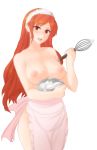  1girl apron areolae blush bowl breasts cherche_(fire_emblem) collarbone cream eyebrows_visible_through_hair fire_emblem fire_emblem_awakening fire_emblem_heroes headband highres holding holding_bowl large_breasts long_hair looking_at_viewer naked_apron nipples nude open_mouth red_eyes red_hair smile solo thighs transparent_background tridisart whisk 
