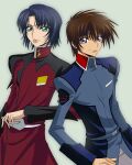  2boys athrun_zala blue_hair brown_hair clamp_(circle)_(style) code_geass green_eyes gundam gundam_seed gundam_seed_destiny gundam_seed_freedom highres kira_yamato male_focus military military_uniform multiple_boys parody purple_eyes short_hair simple_background uniform yamabuki_tt zaft_uniform 