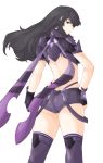  1girl ass ayra_(fire_emblem) back backless_outfit black_hair breasts butt_crack closed_mouth curvy facing_back fingerless_gloves fire_emblem fire_emblem:_genealogy_of_the_holy_war fire_emblem_heroes frown gloves hair_between_eyes hand_on_hip highres large_breasts long_hair looking_at_viewer looking_back purple_eyes short_shorts shorts solo strap suspenders suspenders_hanging thick_thighs thighhighs thighs transparent_background tridisart wide_hips xenoblade_(series) xenoblade_2 