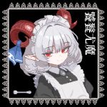  1girl apron bow curly_hair e_stolonifera grey_hair highres horn_bow horn_ornament horns maid maid_apron maid_headdress meandros pixel_art red_eyes red_horns sheep_horns short_hair solo spork touhou toutetsu_yuuma upper_body 