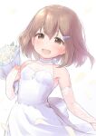  1girl bouquet breasts bridal_gauntlets brown_eyes brown_hair collarbone dress flower hair_ornament hairclip ikazuchi_(kancolle) kantai_collection rose short_hair simple_background small_breasts smile solo wamu_(chartreuse) wedding_dress white_flower white_rose 
