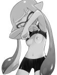  1girl armpits bike_shorts blunt_bangs breasts clothes_lift domino_mask greyscale highres inkling_girl inkling_player_character mask monochrome navel nipples organ_rn pointy_ears shirt_lift simple_background small_breasts splatoon_(series) sports_bra tentacle_hair twintails white_background 