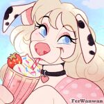  1:1 2023 :3 anthro beverage blonde_hair blue_eyes blush blush_lines canid canine canis choker clothed clothing container cup dalmatian domestic_dog drinking drinking_straw eyelashes female ferwanwan food fruit hair heart_choker heart_symbol holding_container holding_cup holding_object icon jewelry low_res mammal milkshake necklace pink_nose plant smile solo spots sprinkles strawberry 