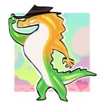  2024 4_fingers adjusting_hat alligator alligatorid anthro artist_logo artist_name biped border brown_clothing brown_hat brown_headwear candy clothing countershade_face countershade_neck countershade_tail countershade_torso countershading crocodilian dessert detailed_background empty_eyes fingers food food_creature full-length_portrait glistening glistening_body glitch_productions green_body green_tail gummigoo_(tadc) gummy_(food) gummy_creature hat hat_only headgear headgear_only headwear headwear_only hi_res itsmissnight living_candy logo male mostly_nude mostly_nude_anthro mostly_nude_male outline portrait reptile scalie solo standing tail the_amazing_digital_circus top_heavy white_body white_border white_countershading white_eyes white_outline yellow_body 