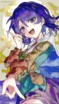  1girl :d aokihatoba_01 blue_eyes blue_hair cape commentary_request hair_between_eyes highres index_finger_raised long_sleeves looking_at_viewer multicolored_clothes open_mouth patchwork_clothes short_hair sky_print smile solo teeth tenkyuu_chimata touhou twitter_username upper_body upper_teeth_only white_cape 