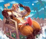  abs anthro big_muscles bulge chair clothing english_text erection eyewear felid furniture genitals huge_muscles lifeguard lounging male mammal muscular muscular_male navel pantherine penis sitting solo speedo sunglasses swimwear sxfpantera tenting text tiger unwanted_erection 