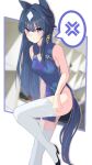  1girl absurdres alternate_costume anger_vein armpits blue_hair blurry blurry_background blush breasts china_dress chinese_clothes cleavage closed_mouth collarbone commentary_request dark_blue_hair dress earrings hair_between_eyes hair_ornament highres horse_girl jewelry leg_up long_hair medium_breasts sanche_(3che3) single_earring sleeveless sweat thighhighs umamusume verxina_(umamusume) 