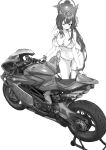  1girl animal_ear_fluff animal_ears bare_arms bare_legs bare_shoulders bikini blue_archive blush breasts cleavage closed_mouth fox_ears greyscale groin halo highres jun_project large_breasts long_hair looking_at_viewer monochrome motor_vehicle motorcycle navel official_alternate_costume one_eye_closed simple_background smile solo swimsuit wakamo_(blue_archive) wakamo_(swimsuit)_(blue_archive) white_background 