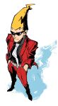  1boy black_shirt blonde_hair closed_mouth ghost_trick hands_in_pockets highres jacket long_sleeves male_focus necktie open_clothes open_jacket pants red_jacket red_pants shirt simple_background sissel_(ghost_trick) solo standing sunglasses wahootarou white_necktie 