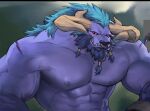  2_horns abs alistar_(lol) anthro blue_hair bovid bovine dopq european_mythology greek_mythology hair hi_res horn league_of_legends male mammal minotaur muscular muscular_anthro muscular_male mythology pecs purple_body red_eyes riot_games solo tencent vein veiny_muscles 