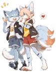  2boys ^_^ animal_ear_fluff animal_ears artist_name banana_print barefoot belt black_jacket black_socks blonde_hair blue_eyes blue_fur blue_shorts body_fur brown_jacket closed_eyes collar commission dog_boy dog_ears dog_tail drawstring fangs fewer_digits fish7163 food food_on_face from_side full_body furry furry_male hand_up happy heart highres holding holding_food holding_ice_cream_cone holding_popsicle hood hood_down hooded_jacket ice_cream_cone jacket looking_at_another male_focus multiple_boys multiple_tails notice_lines open_clothes open_jacket open_mouth original pawpads pocket popsicle red_collar red_shorts shirt short_hair short_sleeves shorts signature socks spoken_heart tail toeless_footwear tongue tongue_out two-tone_fur walking white_fur white_shirt yellow_shirt 