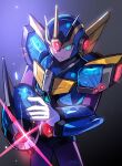  1boy arm_cannon armor blue_armor blue_eyes blue_helmet cowboy_shot energy_gun forehead_jewel glint glowing glowing_eyes helmet highres looking_at_viewer male_focus mega_man_(series) mega_man_x_(series) ohil_(ohil822) serious shoulder_armor solo ultimate_armor_x_(mega_man) weapon x_(mega_man) x_buster 