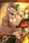  anthro bodily_fluids canid canine canis cooking egg far_beyond_the_world_(series) fried_egg fur grey_body grey_fur hi_res luck_like male mammal muscular muscular_anthro muscular_male nipples pecs ranok_(far_beyond_the_world) solo sweat wolf 