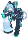  1girl ahoge android aqua_eyes aqua_hair aqua_necktie backpack bag bare_shoulders bellabot bent_over black_sleeves bright_pupils cable_hair cheri_zao cup detached_sleeves full_body hatsune_miku highres holding holding_cup joints long_hair mechanical_parts miniskirt necktie number_tattoo robot_girl robot_joints see-through see-through_skirt see-through_sleeves shirt simple_background skirt sleeveless sleeveless_shirt solo tattoo tearing_up uriko_(baseball) very_long_hair vocaloid white_background white_pupils 