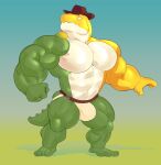  abs absurd_res alligator alligatorid anthro biceps big_muscles big_pecs bulge candy clothed clothing crocodilian dessert dumbandgreen food food_creature glitch_productions gummigoo_(tadc) gummy_(food) gummy_creature hat headgear headwear hi_res humanoid living_candy male mammal muscular muscular_anthro muscular_male nipples pecs reptile scalie solo tail the_amazing_digital_circus underwear 