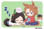  2girls animal animal_ears biwa_hayahide_(racehorse) biwa_hayahide_(umamusume) black_hair blue_eyes blue_pants blue_shorts blush_stickers brown_hair cellphone cheek_pinching chibi drawstring gomashio_(goma_feet) green_background hair_between_eyes hair_ornament hairclip holding holding_phone hood hood_down hooded_jacket horse_ears horse_girl horse_tail jacket jitome long_sleeves multiple_girls narita_taishin_(racehorse) narita_taishin_(umamusume) on_head open_mouth pants parted_bangs phone pinching red_jacket shirt shorts sleeping socks swept_bangs tail translation_request two-tone_background umamusume white_background white_shirt white_socks winning_ticket_(racehorse) winning_ticket_(umamusume) zzz 