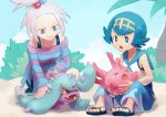  bike_shorts blue_eyes corsola dress forehead freckles gen_2_pokemon gen_7_pokemon gym_leader hair_bobbles hair_ornament homika_(pokemon) mareanie pokemon pokemon_(game) pokemon_bw2 pokemon_sm polyacryla sandals strapless strapless_dress striped striped_dress suiren_(pokemon) trial_captain 