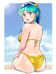  1girl animal_print ass beach bikini breasts green_hair highres horns kenken28937178 looking_at_viewer looking_back lum medium_breasts oni sky smile solo swimsuit tiger_print urusei_yatsura yellow_eyes 