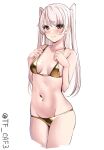  1girl alternate_costume amatsukaze_(kancolle) bikini breasts brown_eyes cleavage commentary_request cowboy_shot gold_bikini grey_hair highres kantai_collection long_hair navel one-hour_drawing_challenge simple_background small_breasts smile solo swimsuit tf_cafe twintails twitter_username very_long_hair white_background 