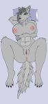 anthro anus big_breasts bite biting_lip biting_own_lip breasts canid canine canis curvy_figure ear_piercing female genitals grey_body hi_res hybrid lewddude98 looking_at_viewer lying mammal nipple_piercing nipples on_back piercing pink_nipples presenting presenting_pussy pussy solo solo_focus spread_legs spreading thick_thighs wolf wolfdog
