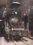  ceiling chain day ground_vehicle headlight highres locomotive no_humans number original railroad_tracks rust shade shadow signature skylight smoke smokestack steam_locomotive still_life traditional_media train water18color watercolor_(medium) 