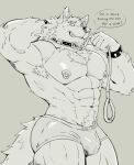 abs anthro armpit_hair body_hair bulge canid canine canis clothing collar english_text hi_res leash looking_at_viewer male mammal meocondainhan monochrome muscular muscular_anthro muscular_male nipple_piercing nipples pecs piercing simple_background solo text underwear wolf wristband