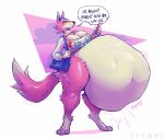  2020 animal_crossing anthro belly big_belly big_breasts bottomless breasts canid canine canis clothed clothing dialogue english_text eyeshadow female female_pred freya_(animal_crossing) fur hi_res makeup mammal nintendo oral_vore pink_body pink_fur simple_background struggling talking_to_viewer text thick_thighs unseen_character video_games vore wolf yellow_sclera yiyani 
