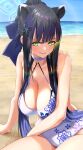  1girl alternate_costume animal_ear_fluff animal_ears beach black_hair blue_archive blue_halo breasts cleavage extra_ears green_eyes halo halterneck highres kaiso_(kaisooekaki) large_breasts looking_at_viewer o-ring o-ring_swimsuit one-piece_swimsuit print_swimsuit shun_(blue_archive) sitting solo swimsuit tiger_ears tiger_girl white_one-piece_swimsuit 