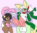 2_penises animal_humanoid anthro balls big_penis black_hair breasts brown_body brown_eyes duo english_text fake_ears fake_rabbit_ears female generation_5_pokemon genitals green_body hair hi_res humanoid lagomorph lagomorph_humanoid leporid_humanoid lewdchuu_(artist) male mammal mammal_humanoid multi_genitalia multi_penis nintendo penis pokemon pokemon_(species) pussy pyon_(lewdchuu) rabbit_humanoid red_eyes scut_tail serperior short_tail tail text white_hair