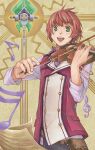  1boy 344_(sola) beamed_sixteenth_notes belt_pouch bow_(music) eighth_note eiyuu_densetsu elliot_craig green_eyes holding holding_instrument holding_violin instrument jacket mage_staff male_focus musical_note open_mouth pouch red_hair school_uniform sen_no_kiseki short_hair smile solo staff thors_military_academy_class_vii_uniform treble_clef upper_body violin 