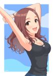  1girl armpits arms_up artist_name black_tank_top blush border breasts brown_eyes brown_hair cleavage commentary_request denim fingernails forehead from_side heart heart_necklace heart_pendant highres idolmaster idolmaster_cinderella_girls jeans jewelry looking_at_viewer looking_to_the_side medium_breasts medium_hair multiple_wristbands necklace outside_border pants parted_hair pendant pink_nails sawada_marina signature smile solo sparkling_eyes standing stretching tank_top tongue upper_body wgm_oekaki wristband 