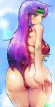  1girl ass blush breasts byte_(grunty-hag1) closed_mouth commentary_request curvy faris_scherwiz final_fantasy final_fantasy_v green_eyes headband long_hair looking_at_viewer plump purple_hair solo swimsuit water 