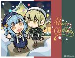  2girls bang_dream! bang_dream!_it&#039;s_mygo!!!!! black_capelet black_shorts blue_capelet blue_dress blue_hair blue_hat bow brown_footwear capelet chinese_commentary christmas christmas_tree commentary_request dress english_commentary english_text green_hair hair_bow hat highres holding_hands long_hair looking_at_another merry_christmas mixed-language_commentary multiple_girls open_mouth outdoors shorts smile snow snowing standing togawa_sakiko two_side_up wakaba_mutsumi walking weibo_watermark white_hair yellow_bow yellow_eyes yui_k_(yuik48074789) 