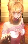  1girl absurdres ahoge angelica_rafa_redgrave blonde_hair blurry blurry_background blurry_foreground blush breasts choker cleavage commission covered_collarbone double-parted_bangs dress earrings frilled_choker frilled_dress frills gem grin hair_between_eyes hair_intakes hair_ornament highres holding_hands jewelry looking_at_viewer otome_gee_sekai_wa_mob_ni_kibishii_sekai_desu pink_choker pink_dress pov pov_hands red_eyes red_gemstone see-through see-through_cleavage see-through_dress sidelocks smile zuraa_(naunau_seijin) 