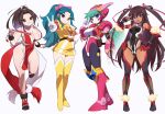  4girls armor black_bodysuit black_gloves black_leotard blue_eyes blue_hair bodysuit boots breasts brown_eyes brown_hair choudenji_machine_voltes_v cleavage commentary_request dark-skinned_female dark_skin fingerless_gloves fur_trim gloves green_hair hand_fan helmet high_ponytail holding japanese_clothes kaidou_zx kimono kuji-in large_breasts leotard long_hair looking_at_viewer marino_(mega_man) medium_breasts mega_man_(series) mega_man_x:_command_mission mega_man_x_(series) mizuki_yukikaze multiple_girls ninja oka_megumi open_mouth pink_helmet pink_leotard ponytail purple_eyes red_kimono revealing_clothes shiranui_mai shoulder_armor small_breasts smile taimanin_(series) taimanin_yukikaze tan tanlines teeth the_king_of_fighters thigh_boots trait_connection two_side_up upper_teeth_only v white_gloves yellow_bodysuit yellow_footwear 