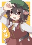  1girl :3 :d animal_ear_fluff animal_ear_piercing animal_ears arm_up blush border bow bowtie brown_eyes brown_hair cat_ears cat_tail chen commentary_request cowboy_shot dot_nose double-parted_bangs earrings fang fingernails frills hair_between_eyes hat highres jewelry looking_at_viewer mob_cap multiple_tails nekomata outside_border paw_print paw_print_background petticoat red_skirt red_vest short_hair single_earring skirt skirt_set slit_pupils smile solo tail touhou two_tails vest white_border white_bow white_bowtie yellow_background yuzupon_(yuzuponpon) 