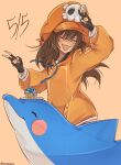  1girl absurdres black_gloves brown_hair cabbie_hat closed_eyes cupcake dolphin double_v facing_viewer fingerless_gloves food gloves guilty_gear guilty_gear_strive hair_between_eyes hat highres jacket long_hair long_sleeves may_(guilty_gear) mil17459623 mr._dolphin_(guilty_gear) open_mouth orange_hat orange_jacket plate skull_and_crossbones twitter_username v 