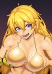  1girl :d absurdres ahoge bikini blonde_hair breast_hold breasts breasts_squeezed_together cleavage collarbone crossed_bangs dyun gold_bikini gradient_background hair_between_eyes highres large_breasts looking_at_viewer open_mouth prosthesis prosthetic_arm purple_eyes rwby smile solo swimsuit upper_body yang_xiao_long 