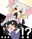  2girls animal_ears biting black_hair blonde_hair blush bow bowtie brown_eyes common_raccoon_(kemono_friends) ear_biting extra_ears fennec_(kemono_friends) fox_ears fur_collar gloves grey_hair heart highres kemono_friends multicolored_hair multiple_girls notora pink_sweater raccoon_ears raccoon_girl shirt short-sleeved_sweater short_hair short_sleeves sweater white_hair yellow_bow yellow_bowtie yuri 