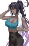  1girl alternate_costume arm_up black_hair black_pants blue_archive blue_sports_bra breasts cleavage commentary covered_navel covered_nipples cowboy_shot dark-skinned_female dark_skin gradient_hair half-closed_eyes halo highres holding holding_towel karin_(blue_archive) large_breasts light_blush long_hair looking_at_viewer multicolored_hair open_mouth pants ponytail purple_halo renge_(730) saliva simple_background solo sports_bra sweat symbol-only_commentary teeth tongue towel towel_around_neck very_long_hair white_background wiping_sweat yellow_eyes yoga_pants 