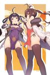  2girls ahoge animal animal_on_head azur_lane baozi bare_shoulders black_hair breasts brown_hair brown_thighhighs china_dress chinese_clothes cleavage dress food fur-trimmed_jacket fur_trim hair_ribbon hairband highres holding holding_food jacket large_breasts long_hair looking_at_viewer multiple_girls ning_hai_(azur_lane) on_head open_clothes open_jacket open_mouth panda panties pelvic_curtain ping_hai_(azur_lane) purple_dress red_dress red_eyes ribbon side-tie_panties sideboob signature small_breasts thighhighs underwear white_jacket you_guo_chaocai 