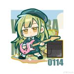  1girl amplifier bang_dream! bang_dream!_it&#039;s_mygo!!!!! black_coat black_footwear blue-framed_eyewear character_name chibi chinese_commentary closed_mouth coat collared_shirt commentary_request dated electric_guitar english_commentary full_body green_hair guitar hair_ornament hairclip highres holding holding_guitar holding_instrument instrument leaf long_hair long_sleeves looking_at_viewer mixed-language_commentary outdoors shirt socks solo wakaba_mutsumi white_shirt white_socks yellow_eyes yui_k_(yuik48074789) 