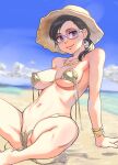  1girl ass bare_shoulders beach bikini black_hair blue_sky blush bracelet breasts cloud covered_nipples earrings hat highres jewelry long_hair looking_at_viewer navel necklace original outdoors ponytail pussy pussy_peek shiwasu_no_okina sitting sky smile solo spread_legs sunglasses swimsuit yellow_bikini 