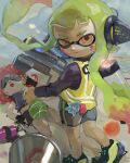  2girls :&lt; agent_3_(splatoon) armor bike_shorts black_footwear black_gloves black_shirt black_shorts breastplate burst_bomb_(splatoon) closed_mouth commentary_request crop_top fingerless_gloves floating_hair from_behind gloves goggles green_hair gun half-closed_eye headphones hero_shot_(splatoon) high-visibility_vest highres holding holding_gun holding_weapon ink_tank_(splatoon) inkling inkling_girl inkling_player_character long_hair long_sleeves looking_at_viewer looking_back lying mepo_1 multiple_girls octoshot_(splatoon) on_floor open_mouth orange_eyes paint_splatter paint_splatter_on_face red_hair shirt shorts splatoon_(series) splatoon_1 squidbeak_splatoon standing takozonesu tentacle_hair twintails uneven_eyes very_long_hair vest weapon yellow_vest 