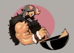  1boy beard biceps cooking cropped_torso dungeon_meshi dwarf facial_hair fake_horns flipping_food food from_side helmet highres horned_helmet horns long_beard looking_at_viewer male_focus muscular muscular_male pbearanims senshi_(dungeon_meshi) solo thick_mustache two-tone_background very_long_beard wok 