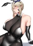  1girl absurdres alternate_costume animal_ears arind_yudha artoria_pendragon_(fate) artoria_pendragon_(lancer_alter)_(fate) bare_shoulders black_bow black_bowtie black_gloves black_leotard blush bow bowtie breasts closed_mouth covered_navel elbow_gloves fake_animal_ears fate/grand_order fate_(series) gloves highres huge_breasts leotard looking_at_viewer medium_hair pantyhose playboy_bunny rabbit_ears simple_background solo white_background yellow_eyes 